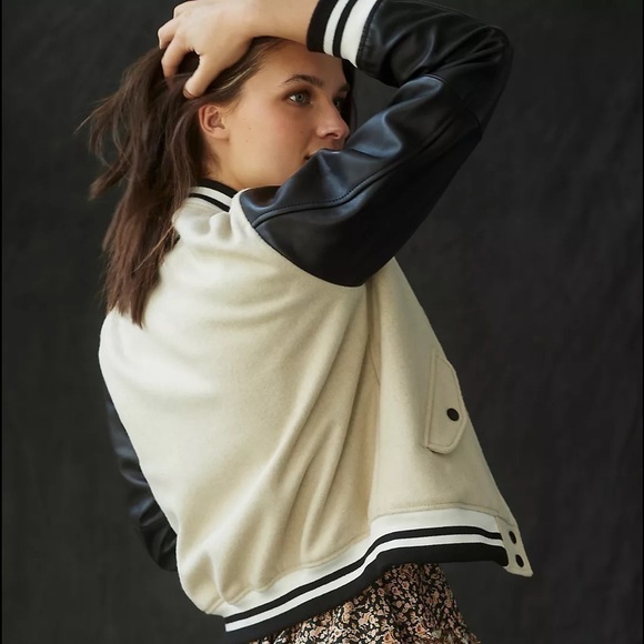 NWT - Anthropologie Deadwood Recycled Lambskin Leather Sleeves Varsity Jacket​ - Picture 6 of 8